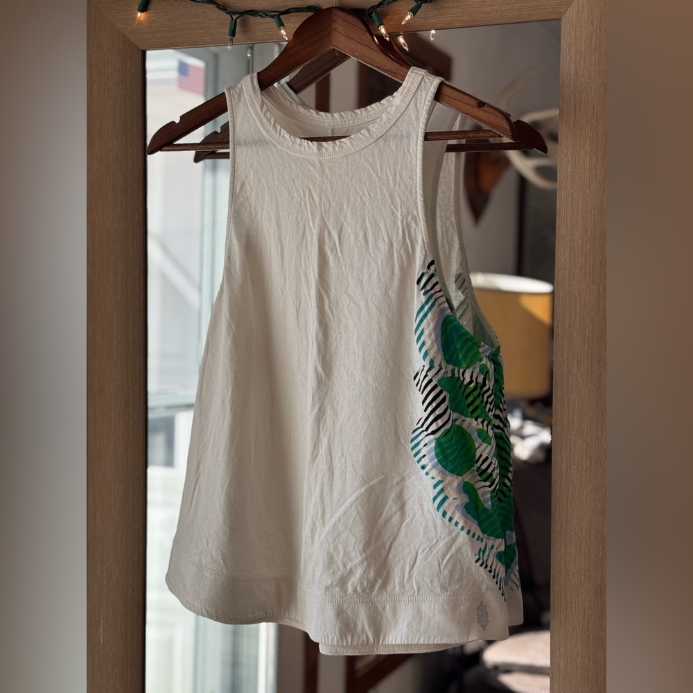 FP Movement by Free People Cream Tank Top with Green & Teal Graphic